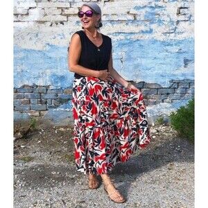 Evy's Tree Skirt Womens Large Tiered Maxi Skirt Red Navy Beige Floral Boho New